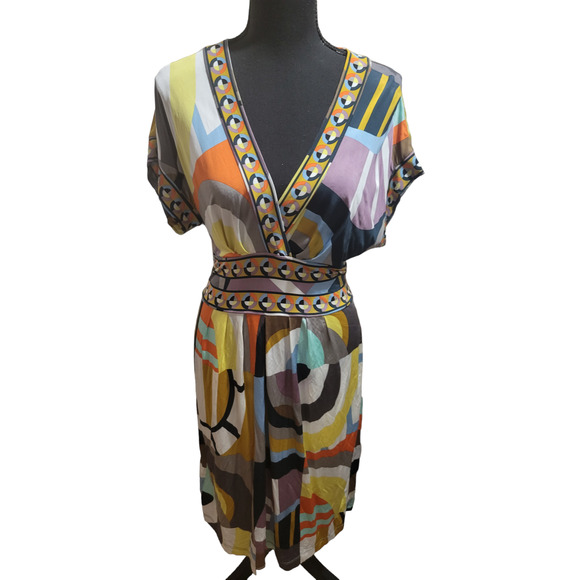 BCBGMAXAZRIA V Neck Geometric Multicolor Short Sleeve Dress, Sz M - Picture 2 of 8